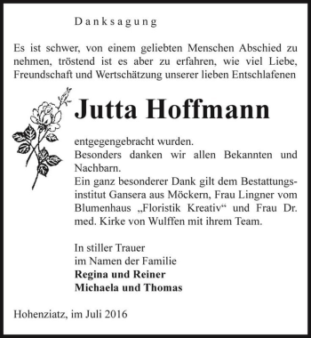 Traueranzeige von Jutta Hoffmann   von Magdeburger Volksstimme